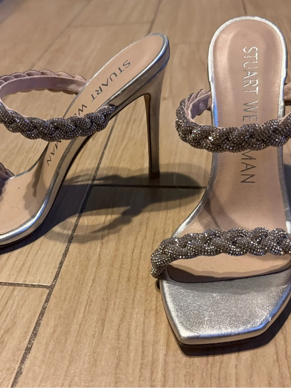 Stuart Weitzman Silver Braided Crystal Embellished Stiletto Sandals, Size 7